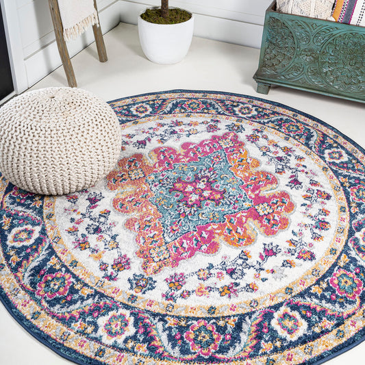 JONATHAN Y Boho Vintage Blue/Multi 8' Round Area Rug, Bohemian Flair Medallion, Floral Easy-Cleaning High Traffic for Living Room, Bedroom, Kitchen, Pet-Friendly, Non Shedding (BMF106A-8R)
