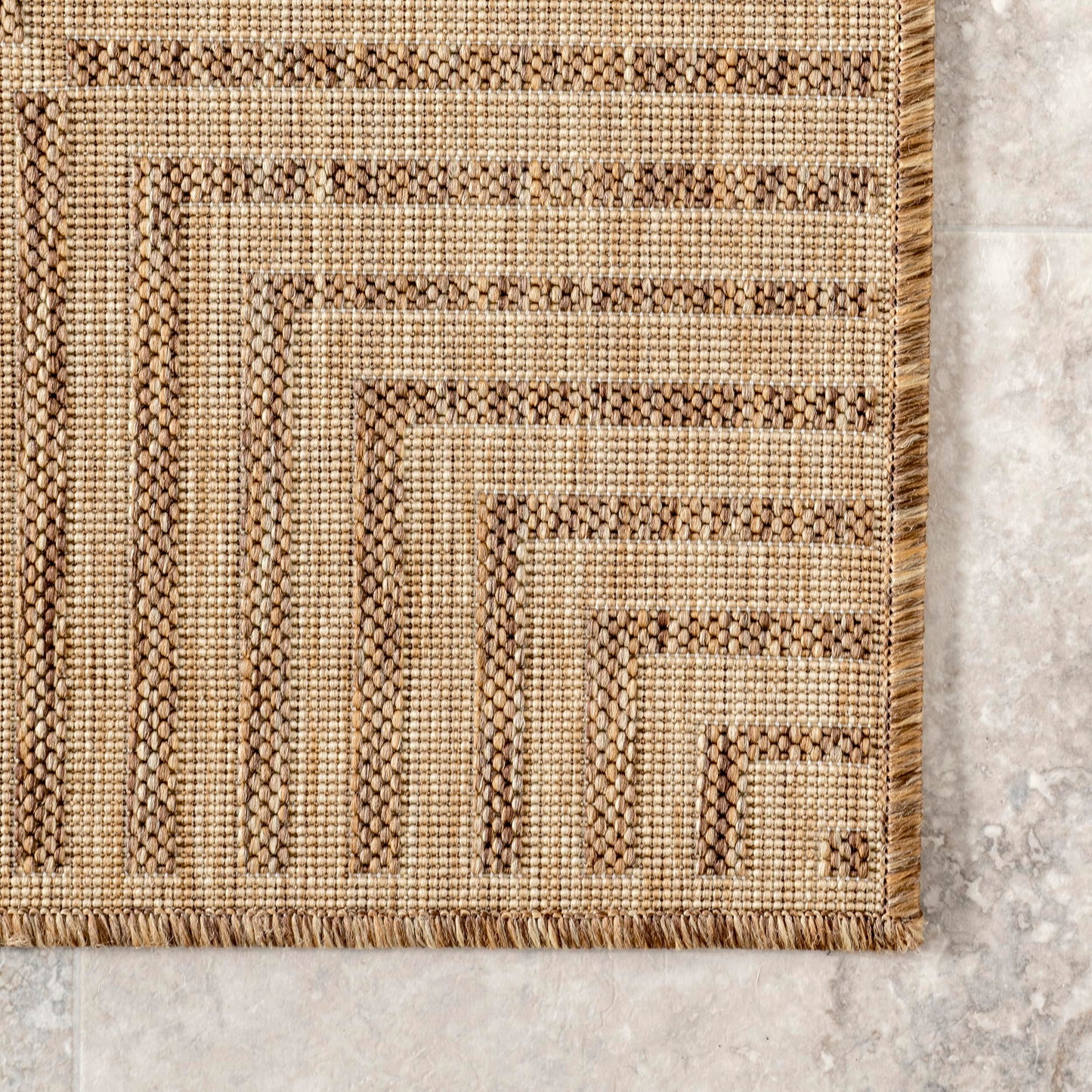 Nuloom Asha Light Brown/Ivory, 6'7" Round, Casual, Striped Border, Soft and Cozy, High Traffic, Easy Clean, Durable Area Rug for Indoor/Outdoor Patio, Deck, Porch, Garden, Courtyard