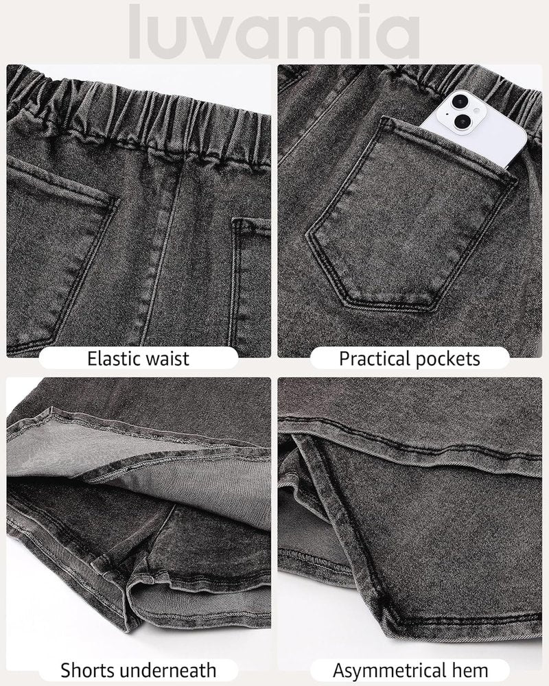 High-Waisted Jean Skorts for Women - Stretchy Denim Wrap Skirt with Shorts | Trendy Asymmetrical Design