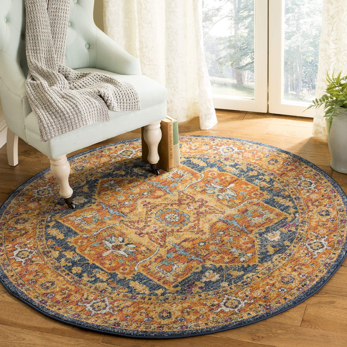 SAFAVIEH Evoke Collection Area Rug - 6'7" Round, Blue & Orange, Oriental Medallion Distressed Design, Non-Shedding & Easy Care, Ideal for High Traffic Areas in Living Room, Bedroom (EVK275C)