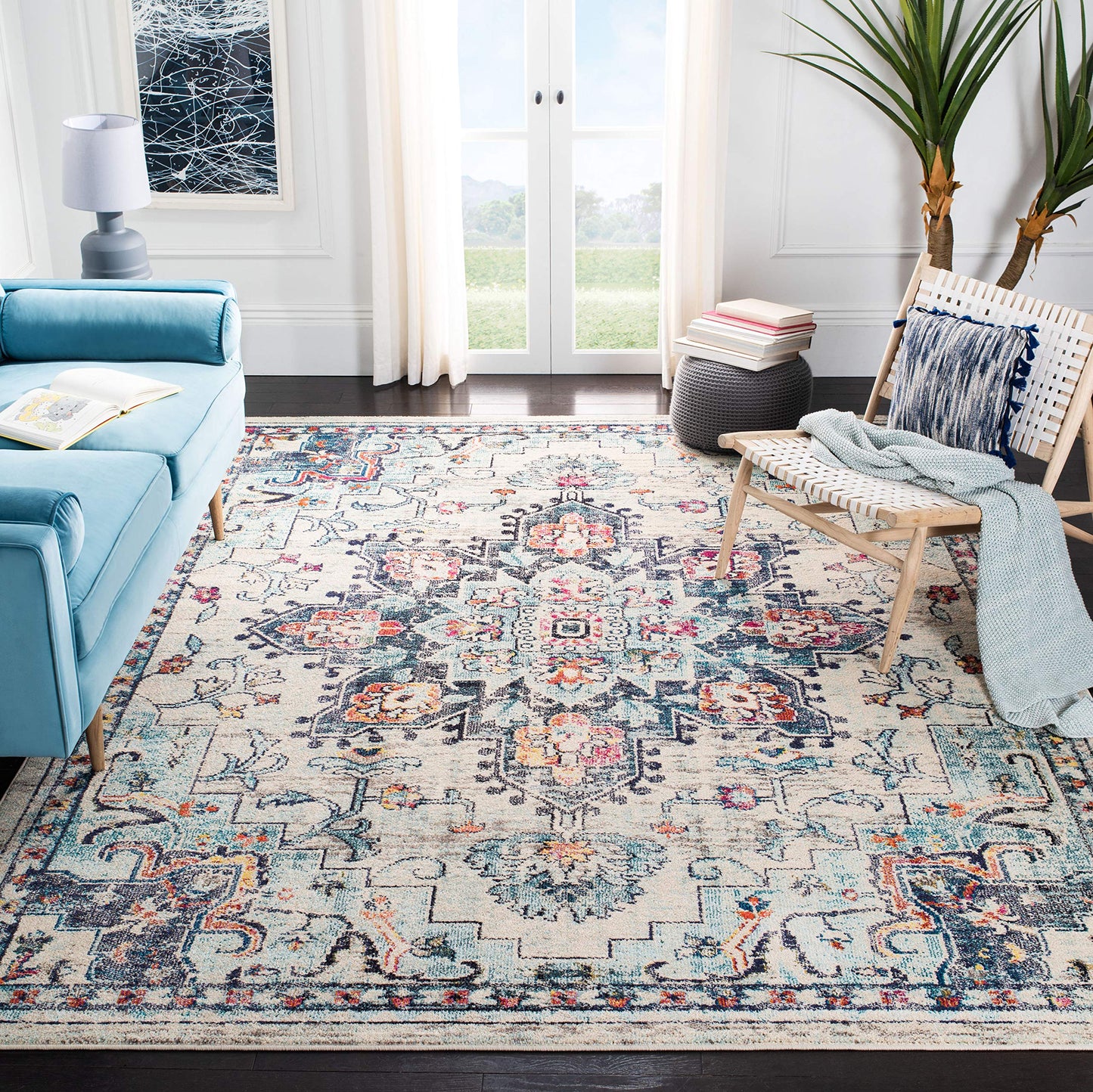 SAFAVIEH Madison Collection Area Rug - 9' Square, Cream & Blue, Boho Chic Distressed Medallion Design, Non-Shedding & Easy to Clean, Ideal for Living Room, Bedroom, Dining Space (MAD473B)