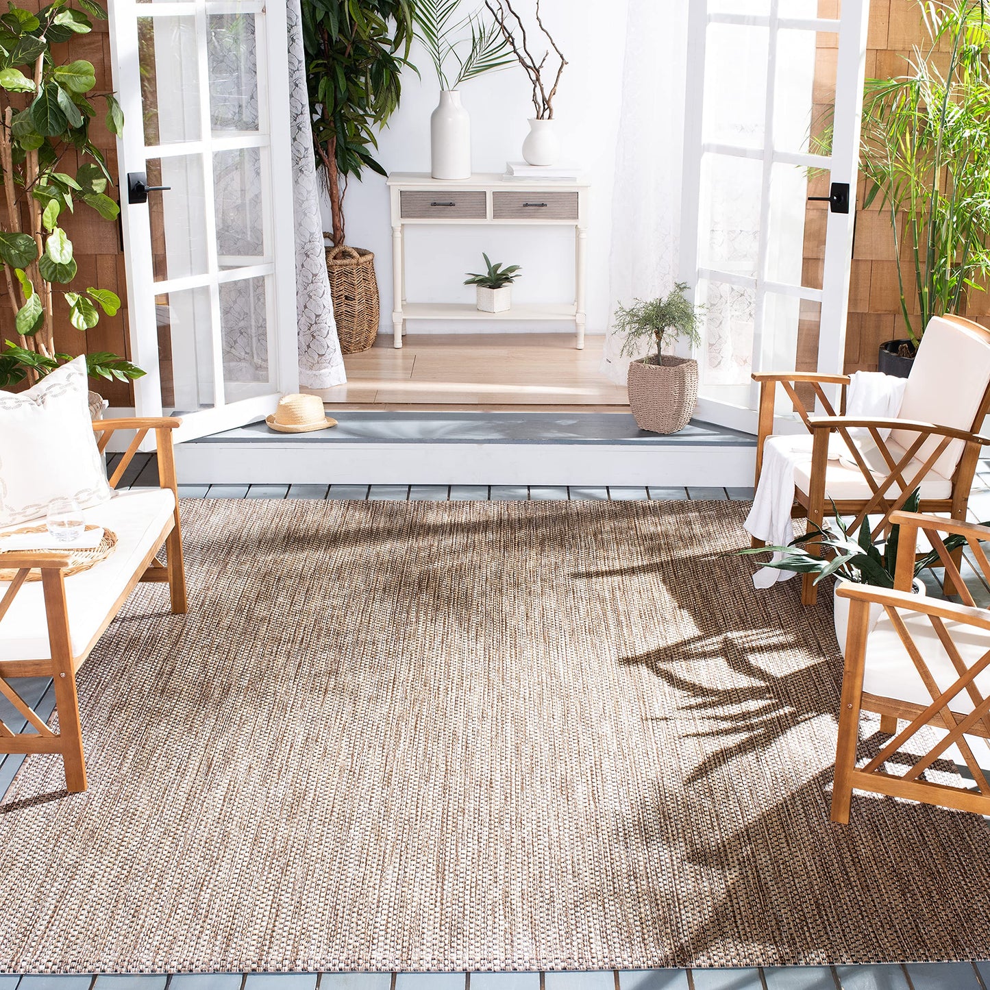 SAFAVIEH Washable Rug Outdoor Courtyard Collection - 6'7" Square, Natural & Black, Non-Shedding & Easy Cleaning, Ideal for Patio, Backyard, Mudroom (CY8521-37312)