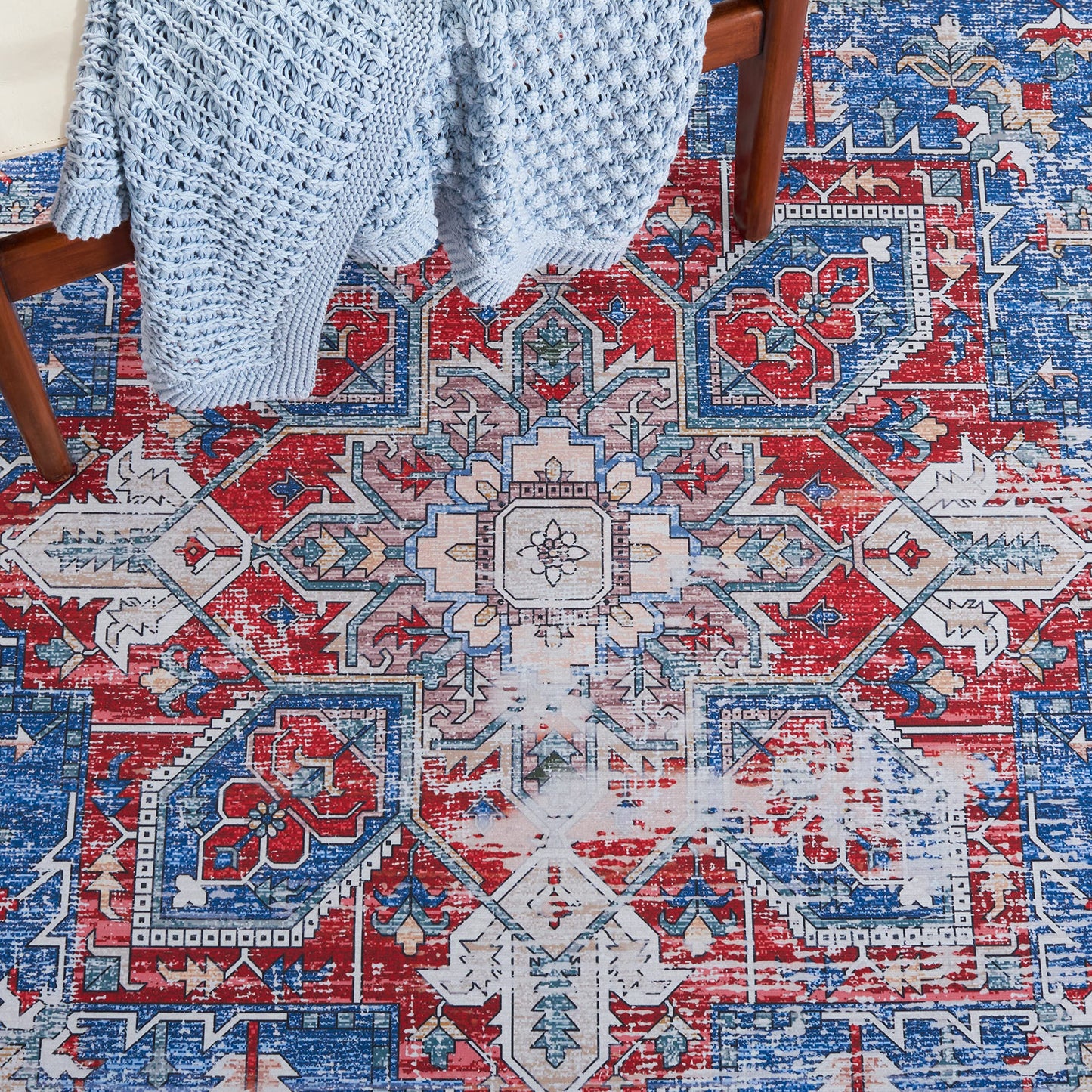 SAFAVIEH Washable Rug Tucson Collection - 6'6' x 9', Blue & Red, Slip Resistant & Easy to Clean, Ideal for Living Room, Bedroom, Dining Space (TSN102M)
