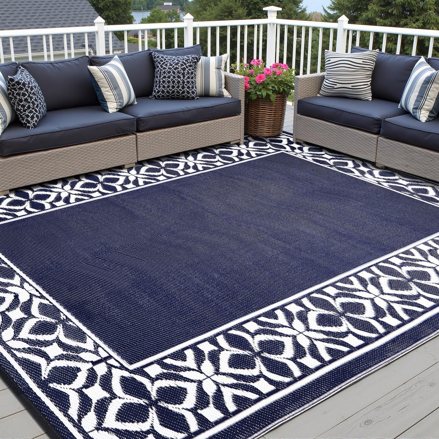 PureCozy Outdoor Plastic Straw Rug Navy Blue Large Outside Waterproof Outdoor Patio 8x10 Carpet Geometric Reversible Mat Modern for Camping RV Porch Deck Balcony Beach
