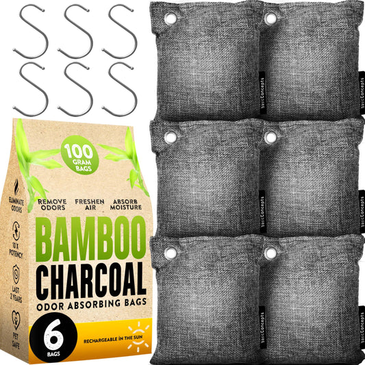 Charcoal Odor Absorber for Strong Odor (6 Pack, 100g each), Bamboo Charcoal Air Purifying Bag, Basement Musty Odor Eliminator Deodorizer, Activated Charcoal Odor Absorber for Closet, Shoe, Car