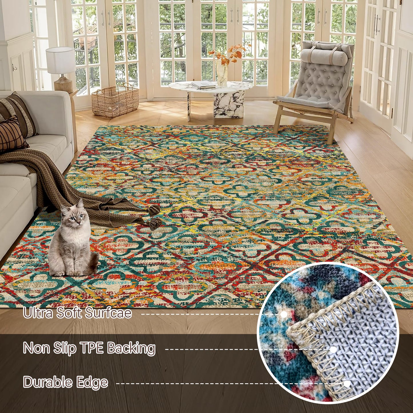 RUGSURE Washable Area Rugs, 5' x 7' - 1/6 Thick - Stain & Water Resistant Non-Slip - Perfect Resistant Rug for Living Room, Bedroom, Nursery, Pet & Child Friendly, Vibrant Colors Rugs, Multicolor