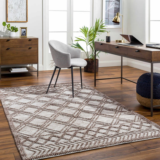 Hauteloom Whitney Recycled Material Area Rug - Geometric Diamond Trellis Lattice Border - Bohemian Transitional Moroccan Boho Tribal - Beige, Dark Brown, Cream, Brown, Taupe - 5' x 7'6"