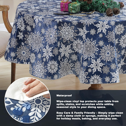 Newbridge Christmas Navy Winter Snowflake 70 Inch Round Vinyl Tablecloth with Flannel Backing – Sparkling Silver Holiday Print Easy-Care Wipe Clean Table Cover