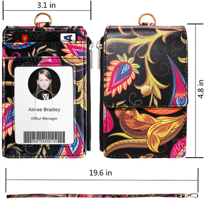 ELV Badge Holder with Zipper, ID Badge Card Holder Wallet with 5 Card Slots, 1 Side RFID Blocking Pocket and 20 inch Neck Lanyard Strap for Offices ID, School ID, Driver Licence