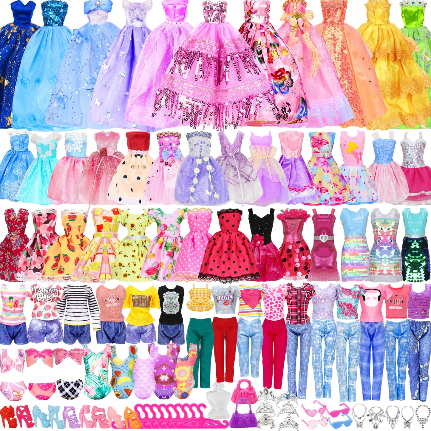 130 Pcs Doll Clothes and Accessories Kit, Including 4 Princess Gowns 8 Fashion Dresses 3 Tops 3 Pants 2 Bikini Swimsuits 20 Shoes 20 Accessories and Hangers for 11"-12" Dolls