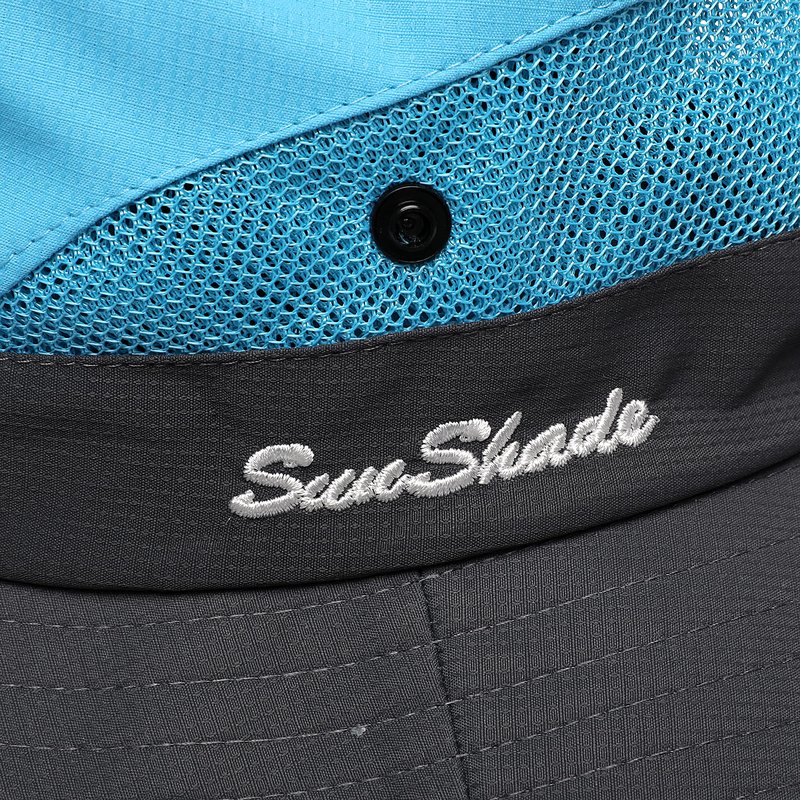 Womens Summer Sun Hat Beach Hat Wide Brim Outdoor UV Protection Hat Foldable Cool Mesh Ponytail Bucket Hat (Sky Blue-Gray)