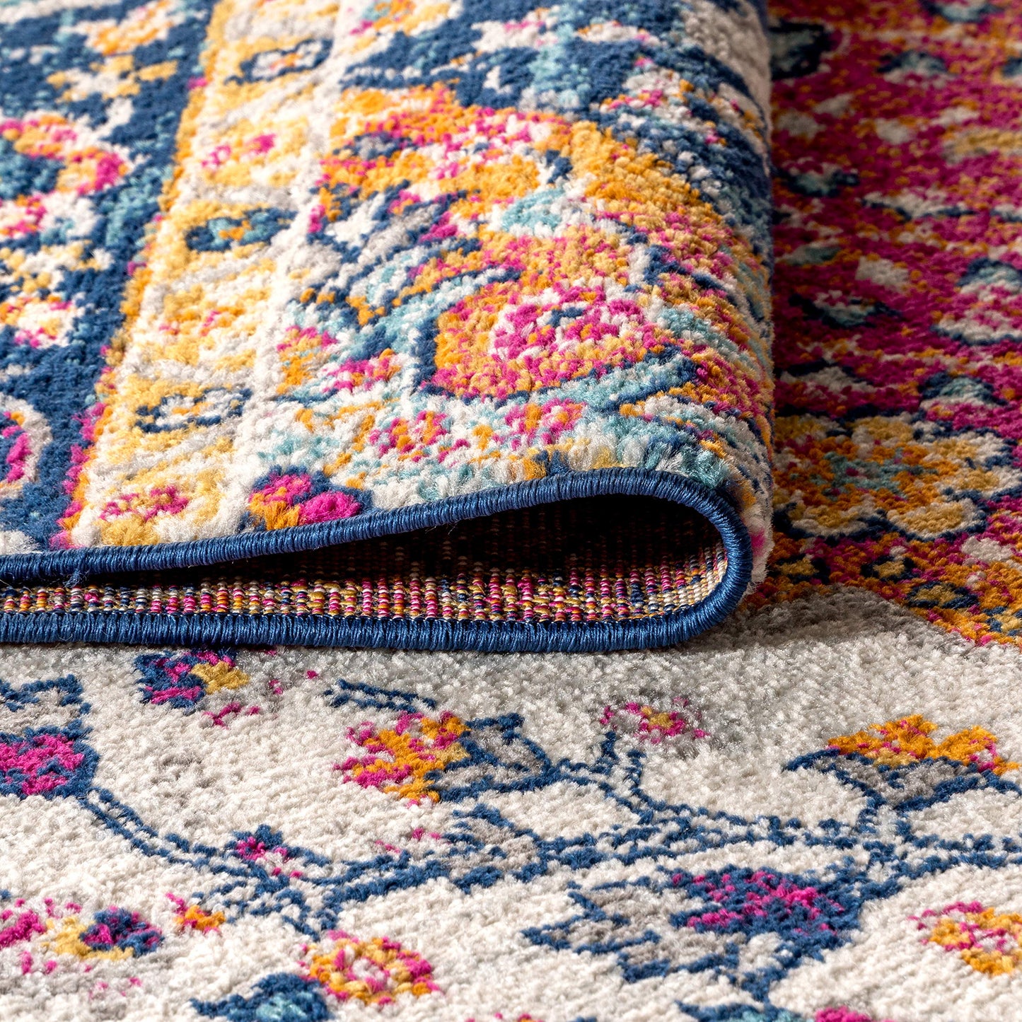 JONATHAN Y Boho Vintage Blue/Multi 8' Round Area Rug, Bohemian Flair Medallion, Floral Easy-Cleaning High Traffic for Living Room, Bedroom, Kitchen, Pet-Friendly, Non Shedding (BMF106A-8R)