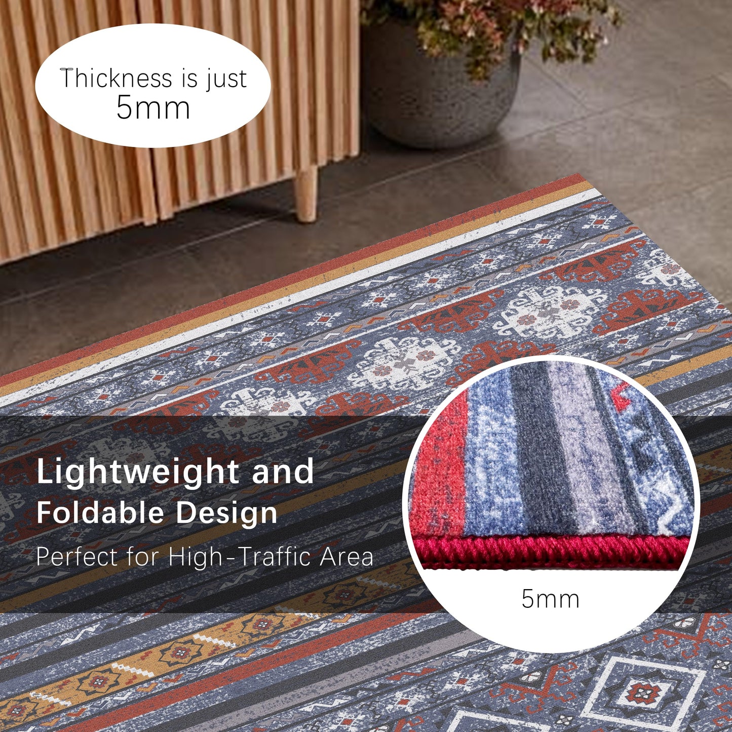 RUGSURE Washable Area Rugs 2'6'' x 8' - 1/6 Thick - Moroccan-Inspired -Stain & Water Resistant Non-Slip - Resistant Rug for Living Room, Bedroom, Nursery, Pet & Child Friendly (Blue and Red)