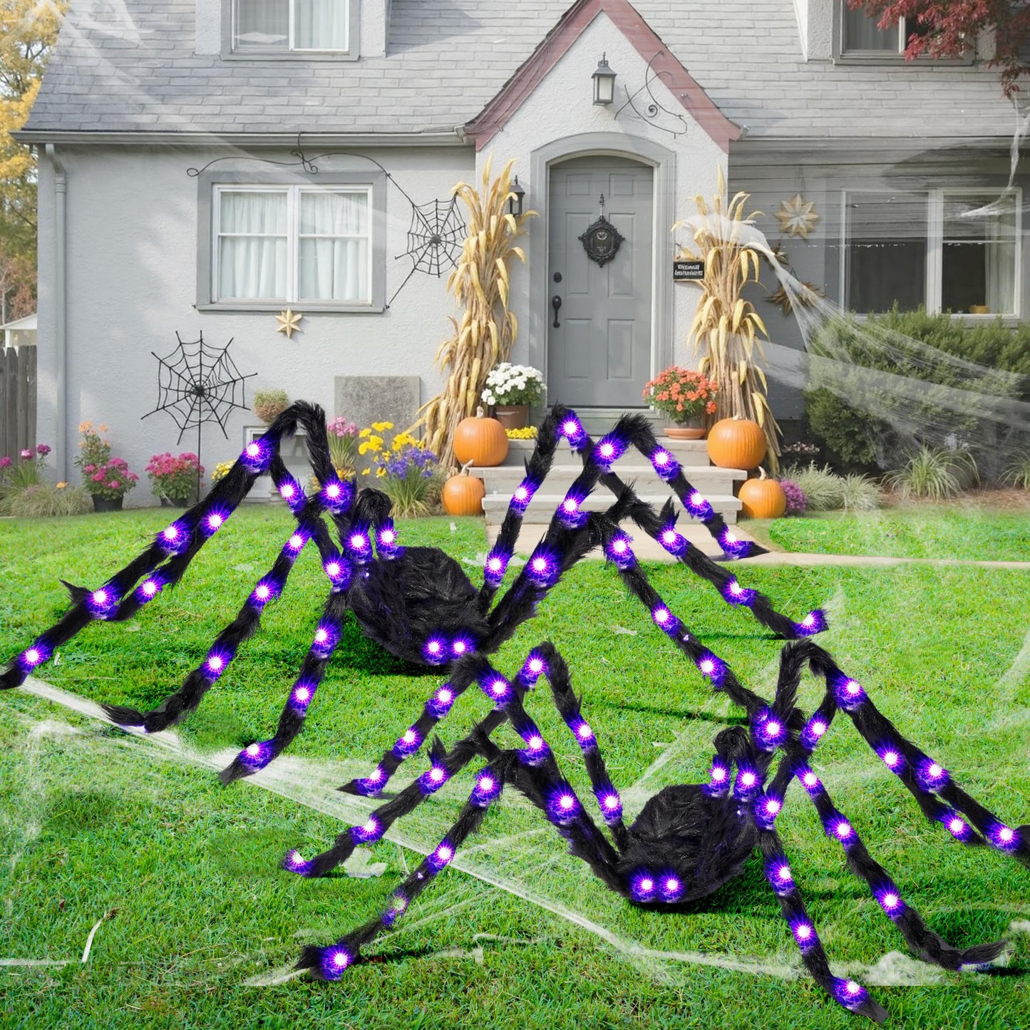 JOYIN 2 Pack 5 Ft Halloween Light Up Spiders Outdoor Decorations, Scary Giant Spider with Purple LED, Fake Large Haunted House Props, for Halloween Lawn Porch Yard Garden Tree Outside Indoor Decor