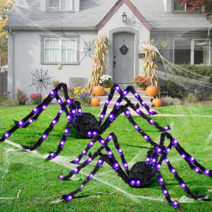 JOYIN 2 Pack 5 Ft Halloween Light Up Spiders Outdoor Decorations, Scary Giant Spider with Purple LED, Fake Large Haunted House Props, for Halloween Lawn Porch Yard Garden Tree Outside Indoor Decor