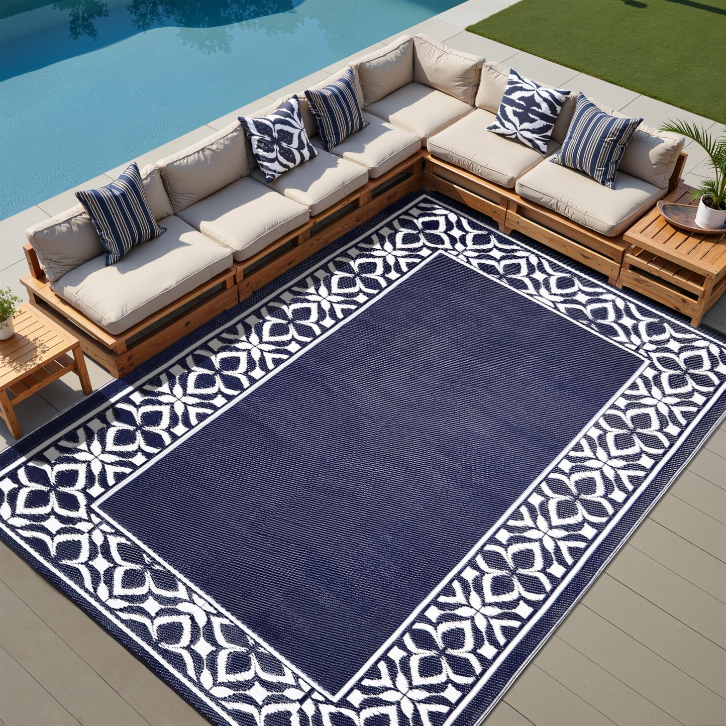PureCozy Outdoor Plastic Straw Rug Navy Blue Large Outside Waterproof Outdoor Patio 5x8 Carpet Geometric Reversible Mat Modern for Camping RV Porch Deck Balcony Beach