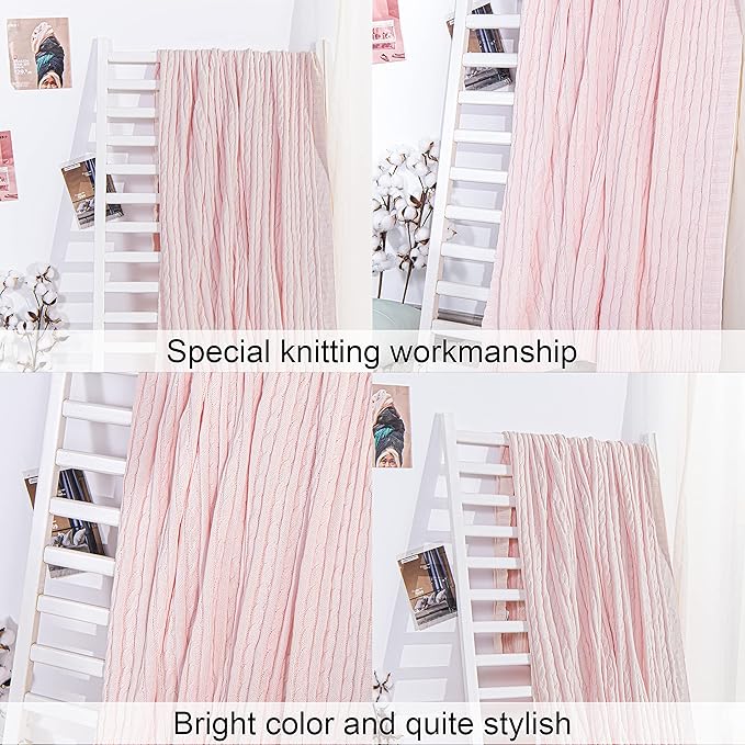 NTBAY 100% Pure Cotton Cable Knit Throw Blanket, Super Soft Warm 51x67 Knitted Throw Blanket for Couch, Sofa, Chair, Bed - Extra Cozy, Machine Washable, Comfortable Home Decor, Baby Pink