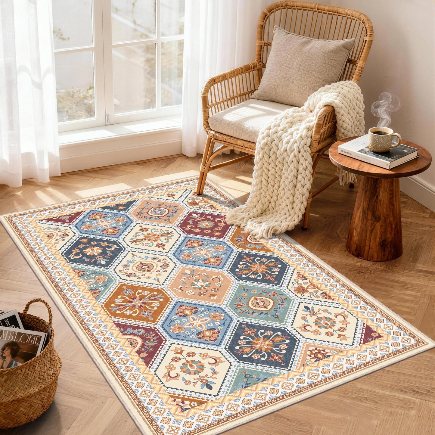 TTelephant 3x5 Washable Rug, Soft Non-Slip Boho Moroccan Rug, Low-Pile Printed Indoor Throw Rugs for Entryway, Kitchen, Bedroom Bedside, Entrance- Multi