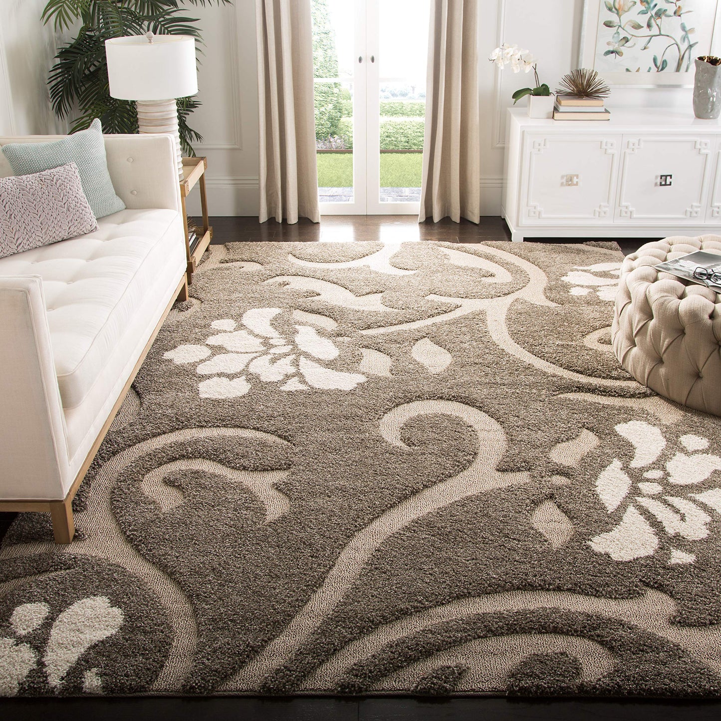 SAFAVIEH Florida Shag Collection Area Rug - 9'6" x 13', Smoke & Beige, Floral Design, Non-Shedding & Easy to Clean, High-Low Plush Pile, Ideal for Living Room, Bedroom, Dining Space (SG464-7913)