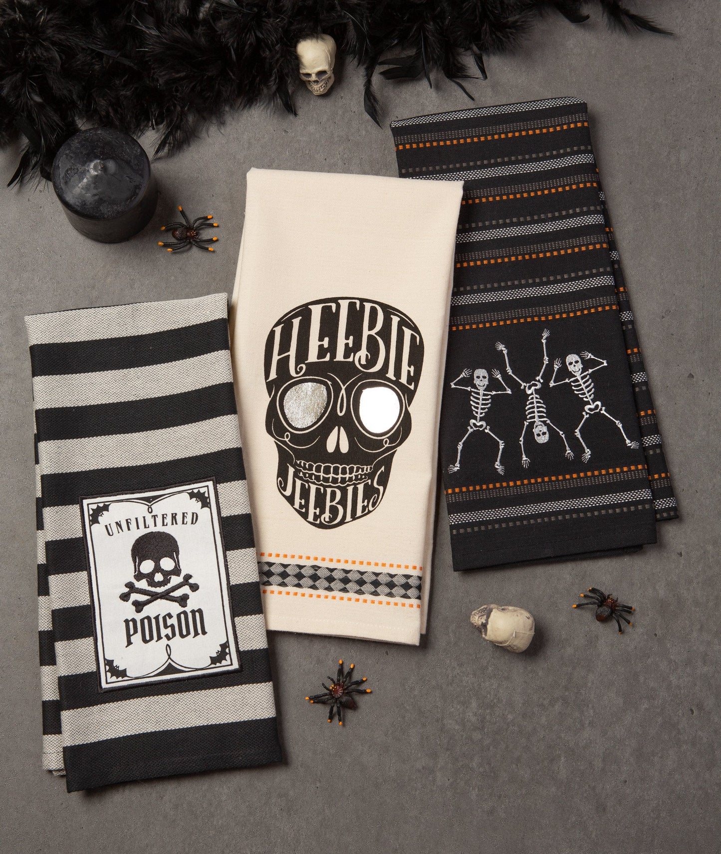 DII Happy Halloween Dishtowel Collection Embellished Cotton Kitchen Hand Towel Set, 18x28, Skeleton, 3 Count
