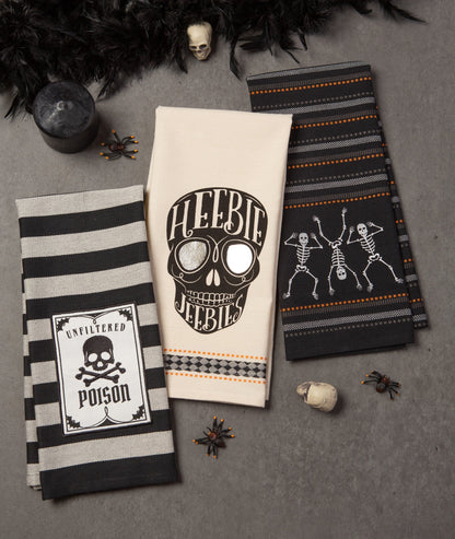 DII Happy Halloween Dishtowel Collection Embellished Cotton Kitchen Hand Towel Set, 18x28, Skeleton, 3 Count