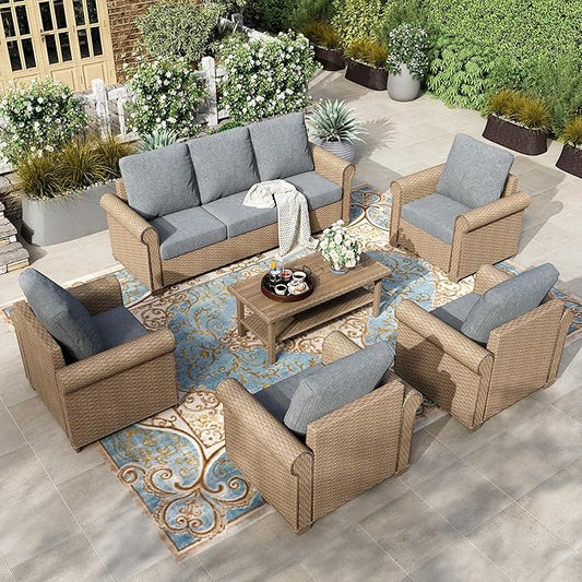 HERA'S HOUSE 6-Piece Patio Furniture Set, All Weather 7 Seats Outdoor Wicker Sofa with 44" Coffee Table, 5.5" Thick Waterproof Cushion Conversation Couch Set for Garden Deck Backyard, Grey