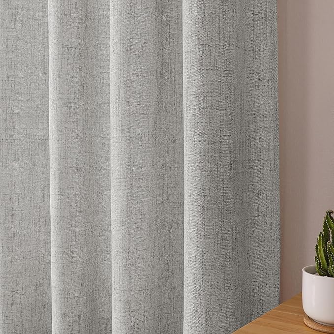 Tollpiz Short Linen Curtain Living Room Rod Pocket Semi Sheer Curtains Burlap Light Filtering Thick Linen Drape for Bedroom, 54 x 45 inches Long, Silver Grey, Set of 2 Panels