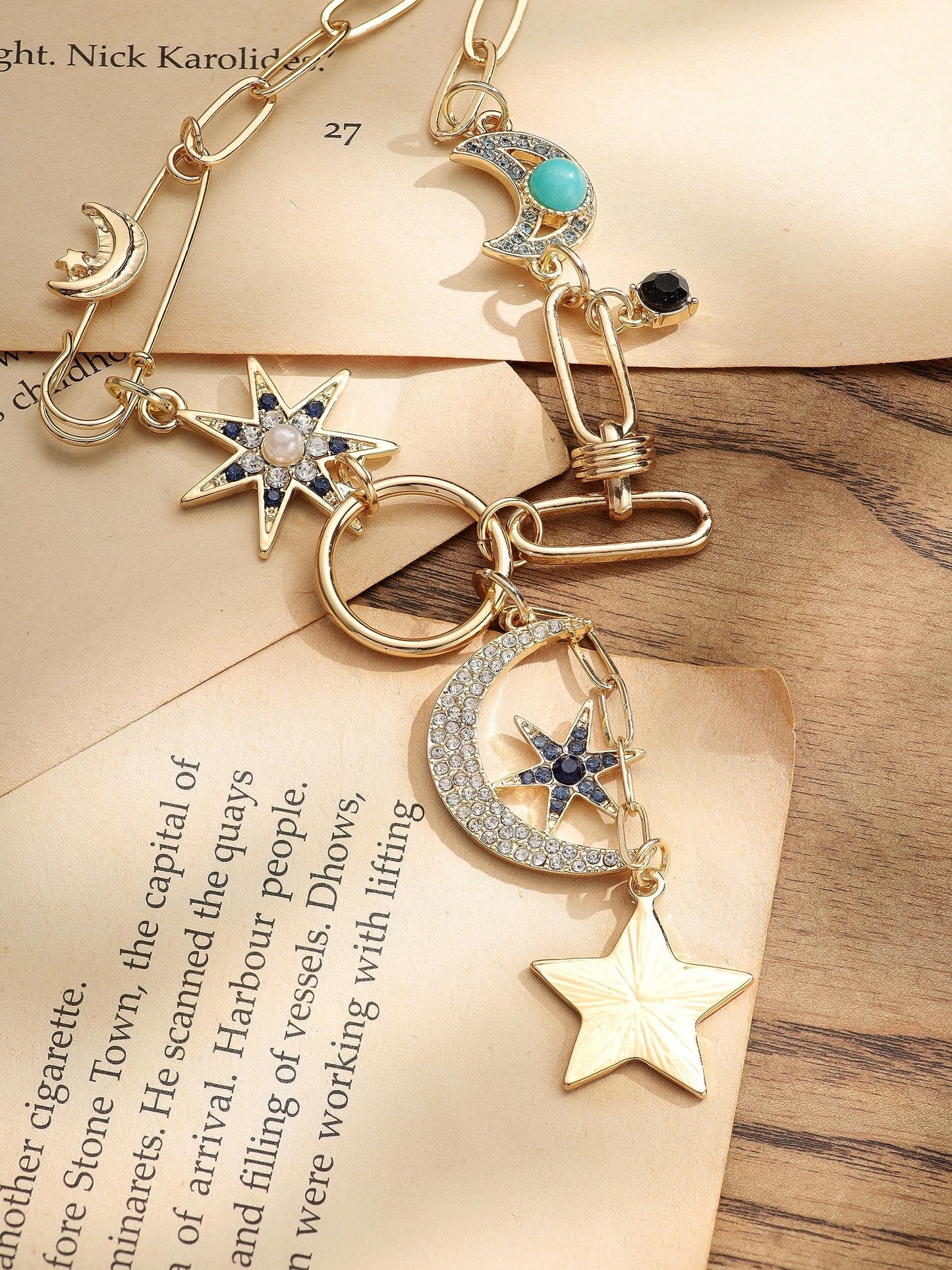 Sacina Boho Gold-Tone Moon and Star Necklace, Star Jewelry, Gold-tone Charm Boho Necklace, Christmas Jewelry Gift For Women