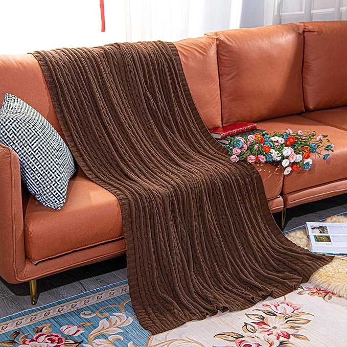 NTBAY 100% Pure Cotton Oversize (60x80) Cable Knit Throw Blanket, Super Soft Warm Knitted Throw Blanket for Bed, Sofa, Chair, Couch - Extra Cozy, Machine Washable, Comfortable Home Decor, Brown