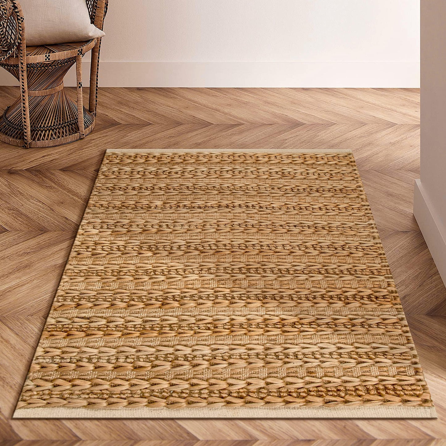 Jute Patsan Hand Woven Area Rug 2x3 Feet — Natural Twisted Stripe Design | Soft Accent Floor Rug for Entryway, Kitchen, Bedroom, Nursery | Small Rustic Boho Beige Mat | Eco-Friendly Natural Fiber