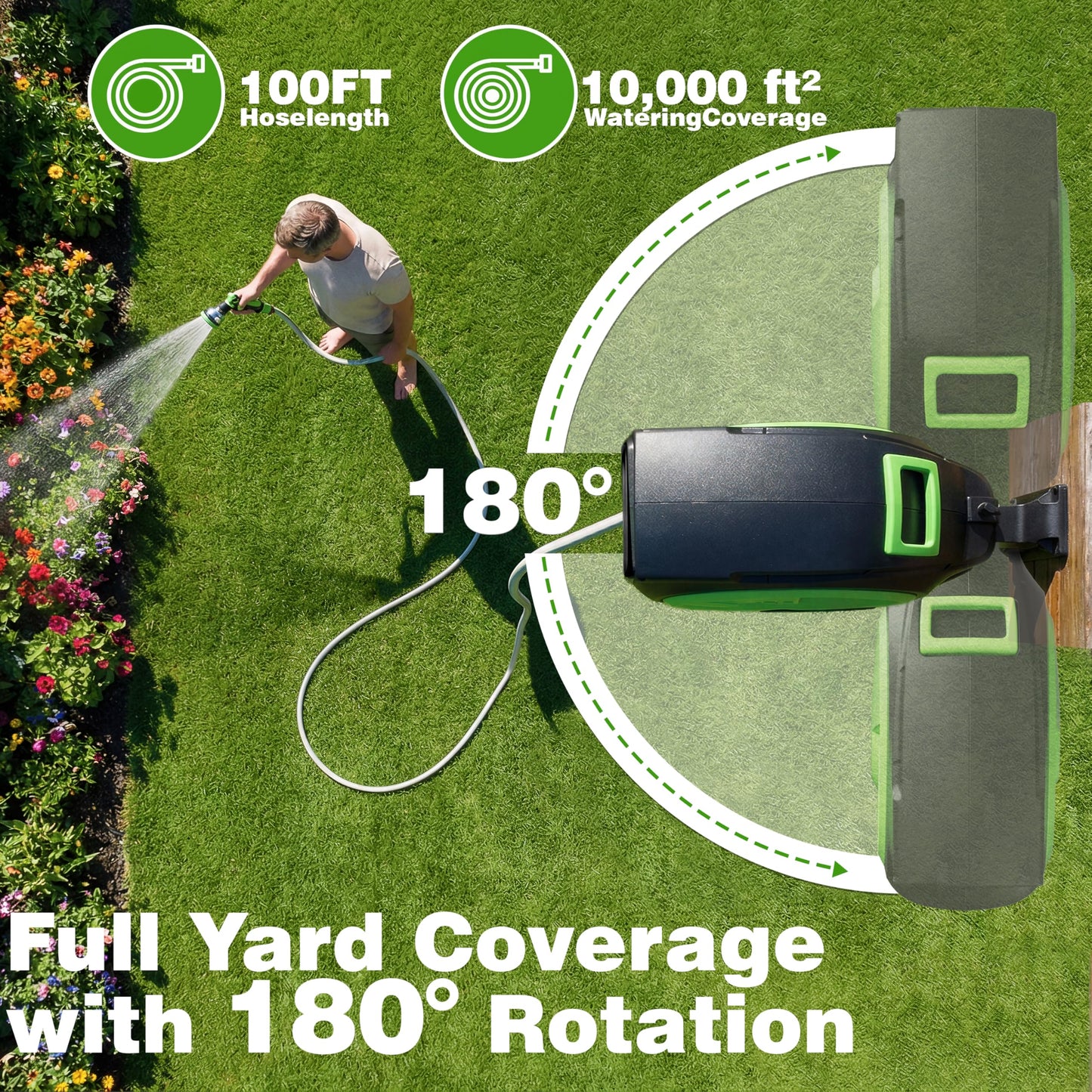 Retractable Garden Hose Reel 100FT x 1/2 in, Wall Mount Water Hose Reel for Outside with Auto Rewind, Tangle-Free Guide, 180° Swivel Bracket, Lock at Any Length, High-Pressure Flow, 10-Pattern Nozzle