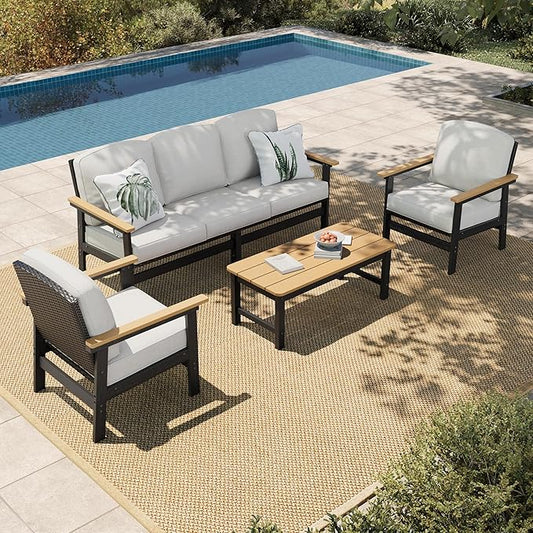 HERA'S HOUSE HDPE Patio Furniture Set, 4-Piece Outdoor Wicker Conversation Couch Set with Thick Cushion, All-Weather Patio Sofa Set for Backyard Garden Deck, Wood Grain Coffee Table