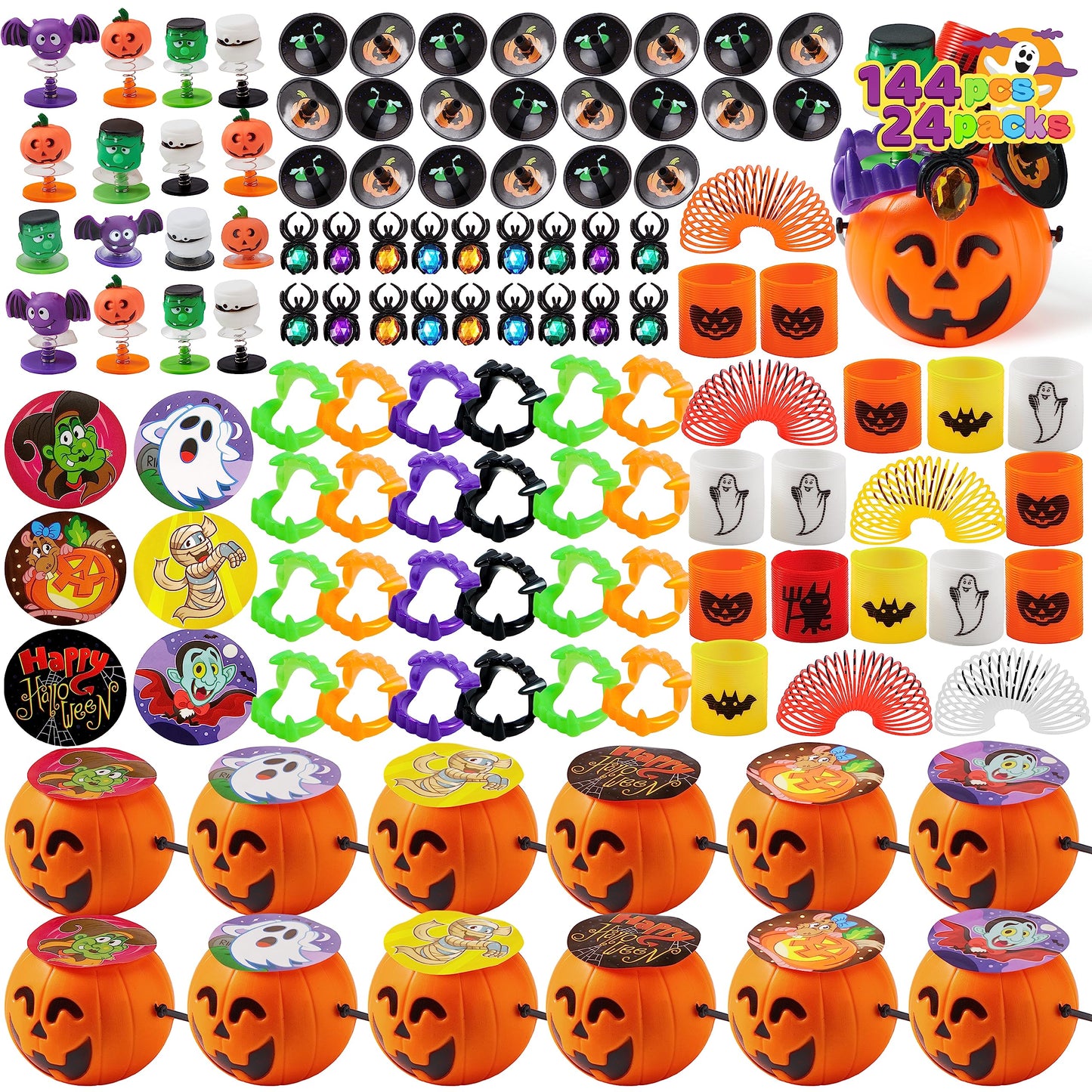 JOYIN 144 PCS Halloween Toy Gifts for Kid Trick or Treating, 24 Pack Prefilled Mini Pumpkin Buckets with Spider Ring, Popper, Spring, Vampire Teeth and Spinning Top, Halloween Party Favors Supplies