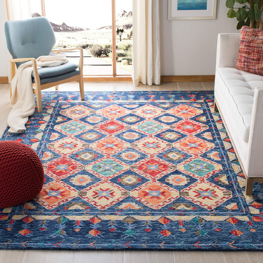 SAFAVIEH Aspen Collection 8' x 10' Navy / Orange APN515N Handmade Boho Wool Area Rug