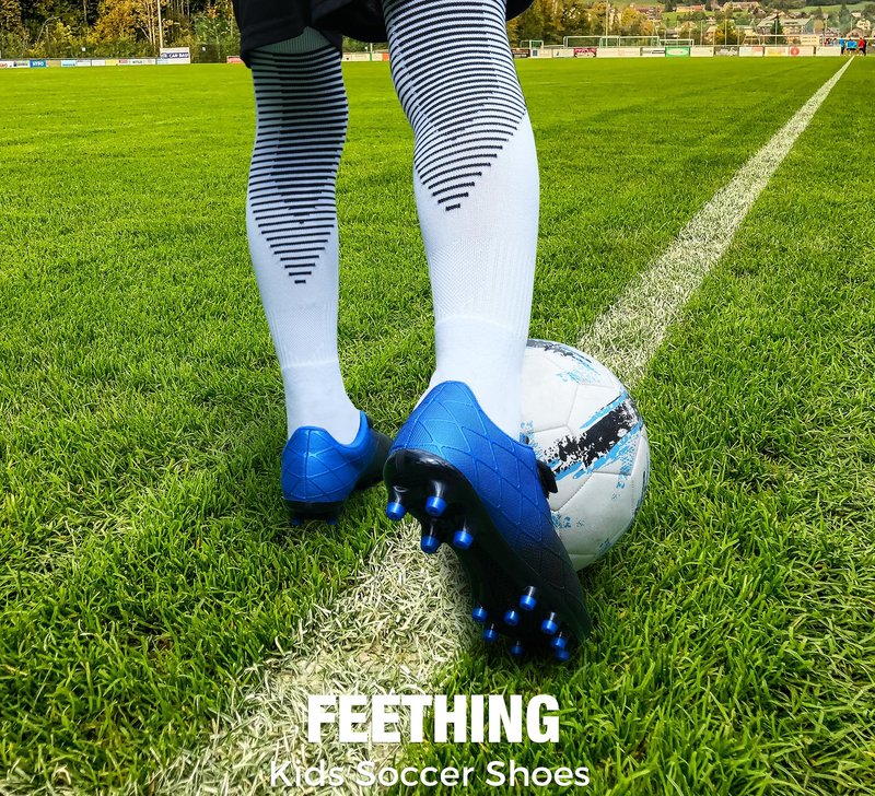 FEETHING Youth Soccer Cleats for Boys and Girls Firm Ground Football Shoes with Easy-On Hook & Loop Closure Lightweight & Breathable for Outdoor Field Play (Little Kid & Big Kid Sizes)