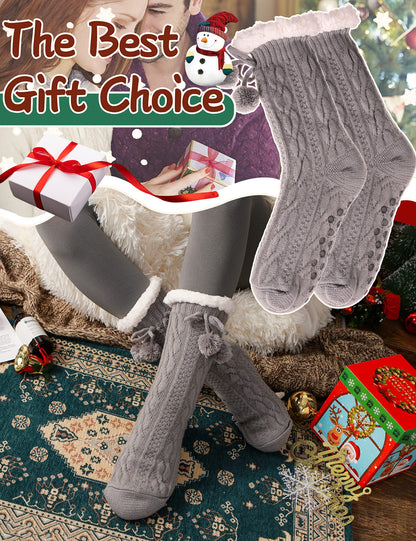 Fuzzy Socks for Women Slipper Fluffy Cozy Cabin Winter Warm Soft Fleece Comfy Thick Christmas Socks Grips Non Slip Stocking Stuffers for Women Teen Girls Wife Christmas Birthday Gifts(Ball Grey)