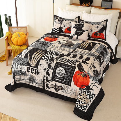 Cmfshape Halloween Bedspread,Black Quilt Set Queen Size,Pumpkin Ghost Festival Themed Bedding Set,Decorative Quilted 4 Piece Coverlet Set with 3 Pillow Shams(Black,Queen90 x90)