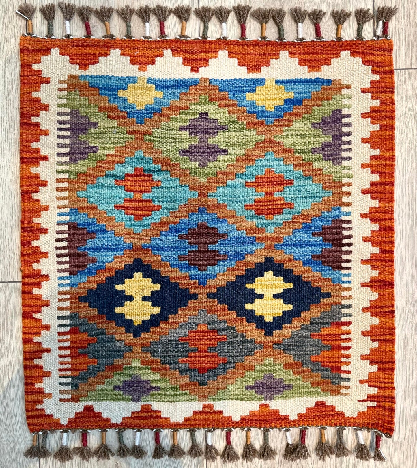 (Handmade Turkish Area Rug(YORUK Kilim) - 100% Wool - 20x22 in (1.5x2 ft) Small Accent Rug - Autumn Tones Geometric Diamond Design, Boho Decor for Side Table, Entryway, Wall Hanging)