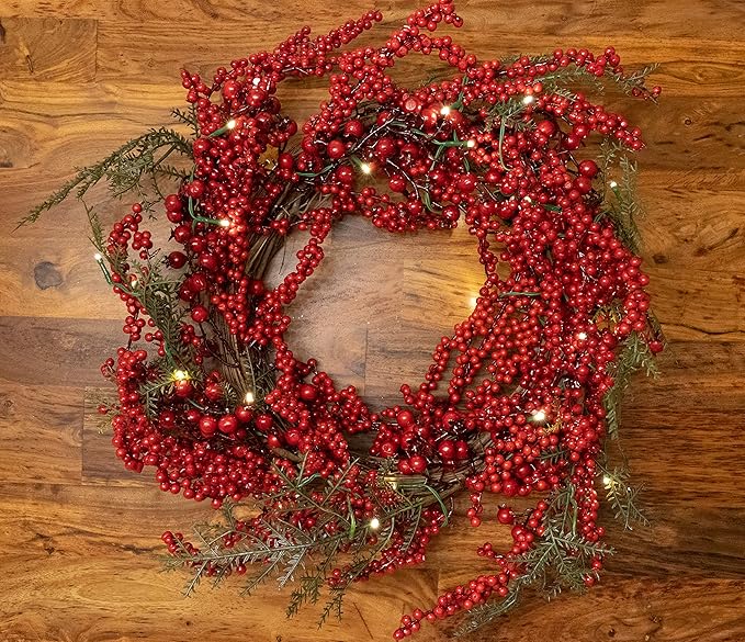 Red Co. 22” Light-Up Christmas Wreath with Red Cranberries, Battery-Operated LED Lights with Timer