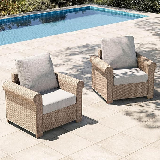 HERA'S HOUSE Patio Furniture Set, 2-Piece Outdoor Wicker Chairs with Widened 5.9" Armrests and 5.5" Thick Waterproof Cushions, All Weather Conversation Set for Lawn Backyard Garden, Beige