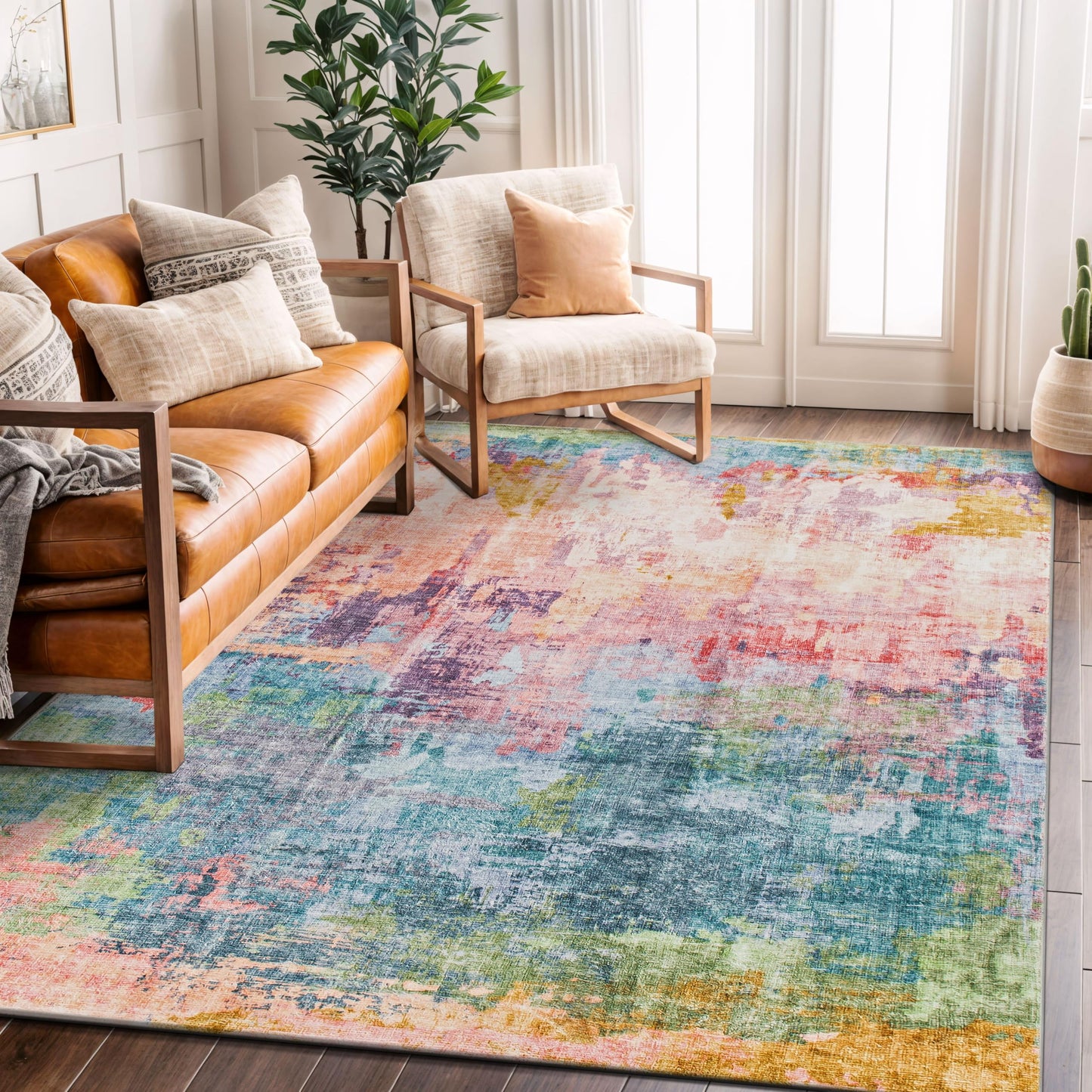 Rugshop Multi Abstract Distressed Area Rug, Machine Washable Non-Slip Modern Artistic Carpet for Living Room, Bedroom and Home Office, 5' x 7'