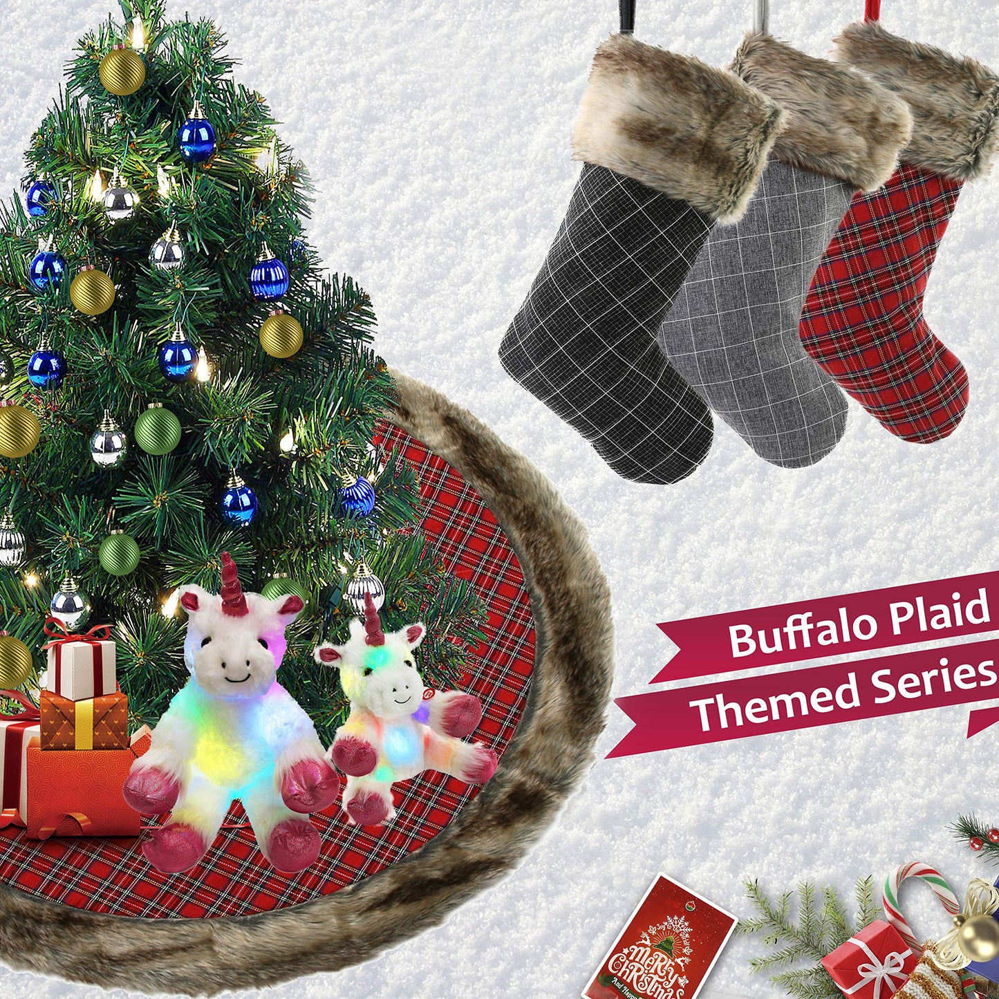 WEWILL 19'' 3 PCS Buffalo Plaid Christmas Stocking Decoration with Faux Fur Cuff Themed with Xmas Holiday Party Fireplace Decor Gifts for Family