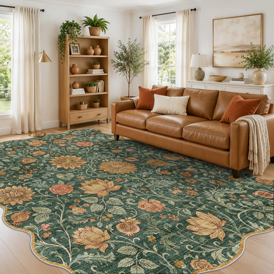 9x12 Floral Scallop Edge Rug: Soft Washable Green Scalloped Living Room Rug Stain Resistant Easy-Clean Flower Rugs for Bedroom Thin Non-Slip Boho Floral Area Rug for Dining Room Office (9x12ft,Green)