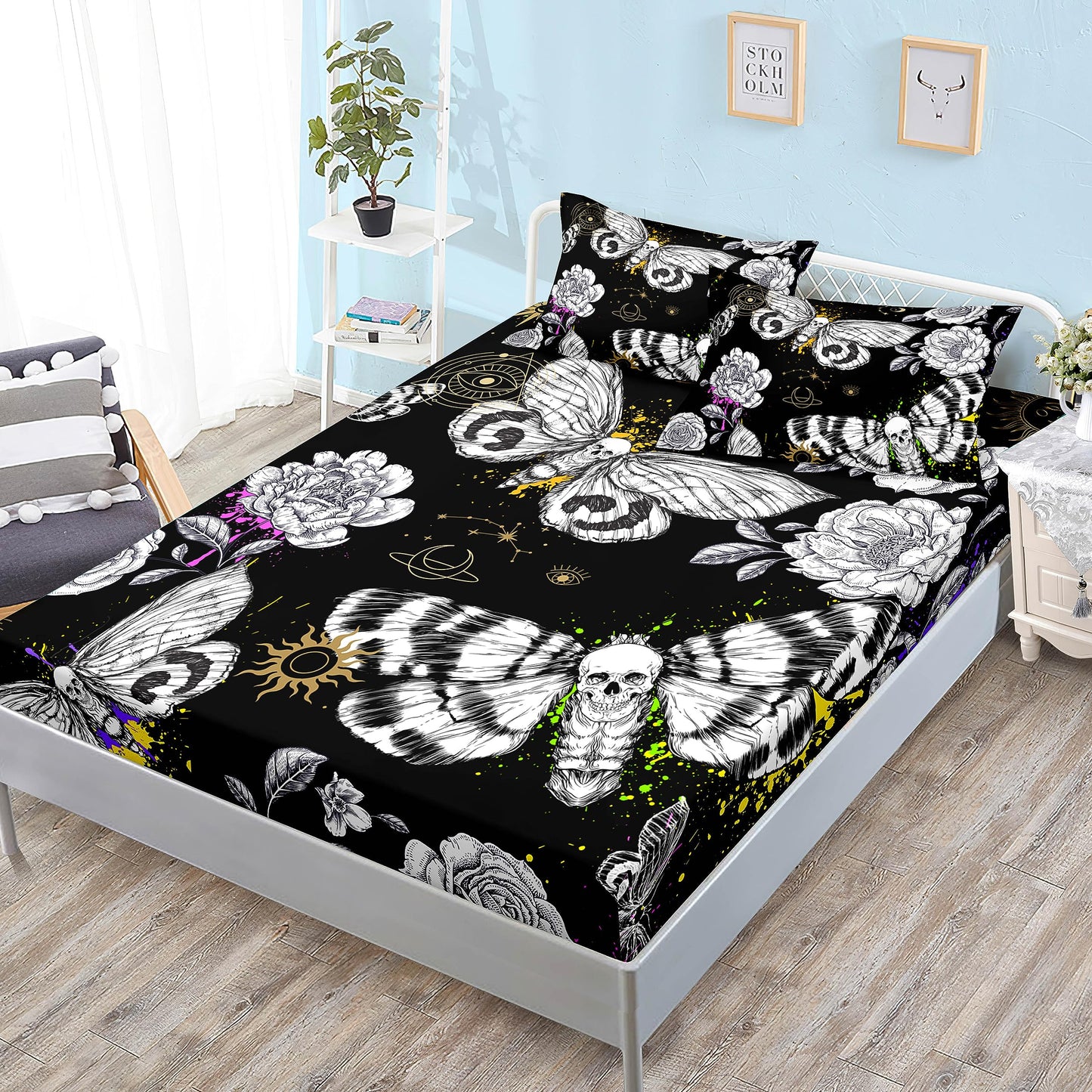 HOSIMA Death Moth Skull Heads Fitted Sheets Queen Bedroom Set Horror Theme Halloween Bedding,Goth Bedding Butterfly Bed Set for Adults Boys Girls Room Decor Floral Sheets Deep Pocket.