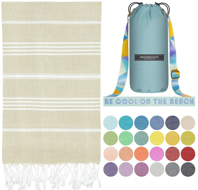 Madamelique Turkish Beach Towel with Beach Bag - 39 x 74 - Prewashed Beach Towels Oversized -%100Cotton - Quick Dry - Sand Free - Hand Loomed Turkish Bath Towels - Unique Absorbent Towel (Beige)