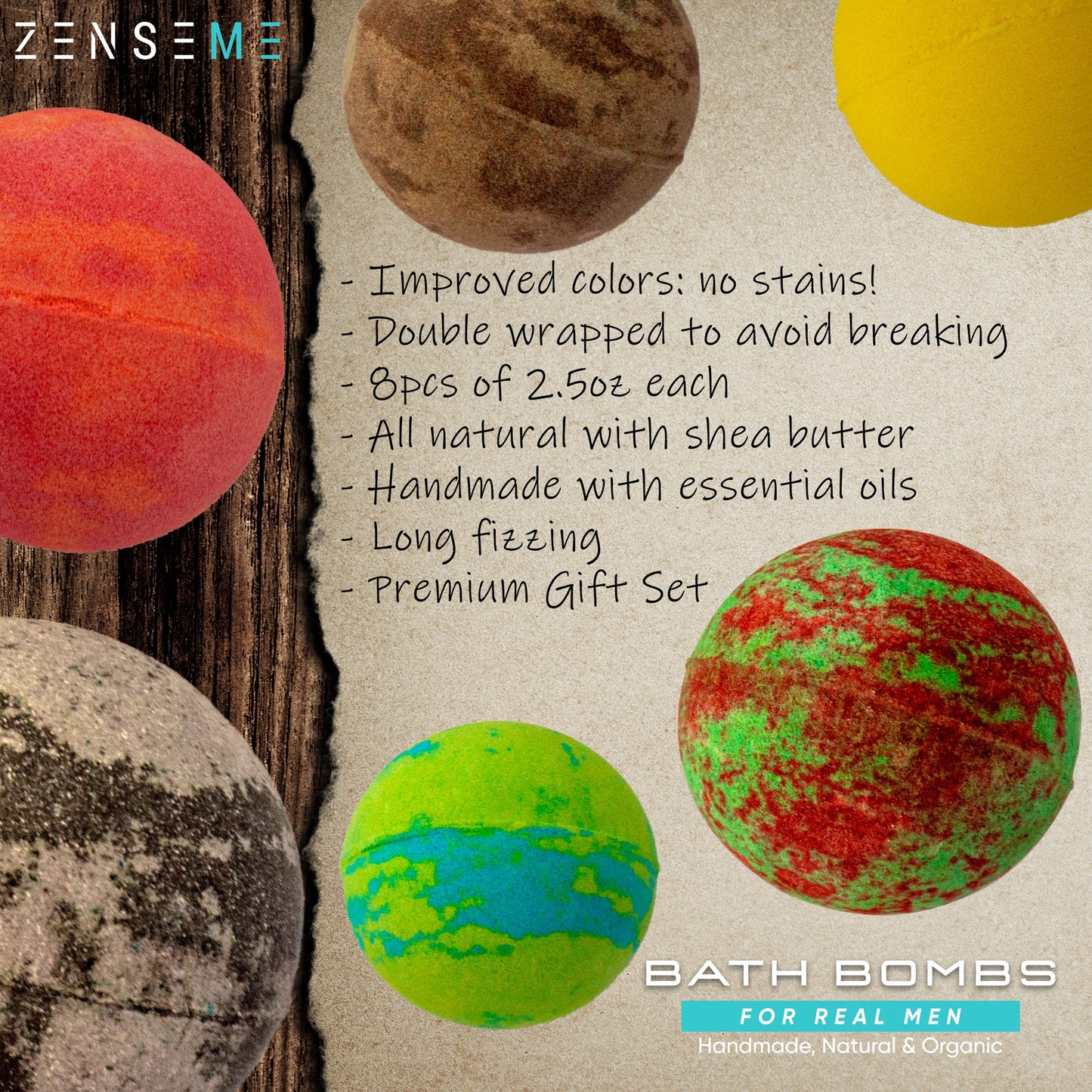 Bath Bombs for Men, Gift Set of 8 Scented Organic Handmade Bath Bombs of 2.5 oz with Natural Essential Oils for Boyfriend, Husband, Father or Friend, by ZenseMe