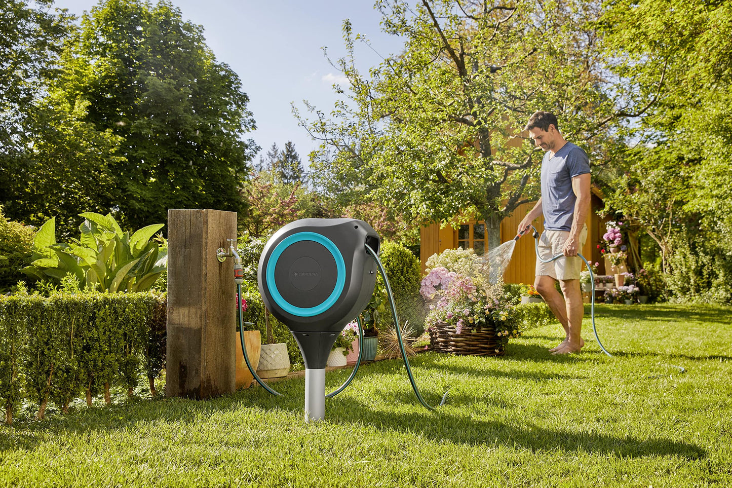 GARDENA 18614-80 | 66' x 1/2" Automatic Retractable Garden Hose Reel on Metal Spike, Outside Garden Hose with 360° swivel Rotation to Reach All Areas of Your Yard. Relocate Hose Reel Easily