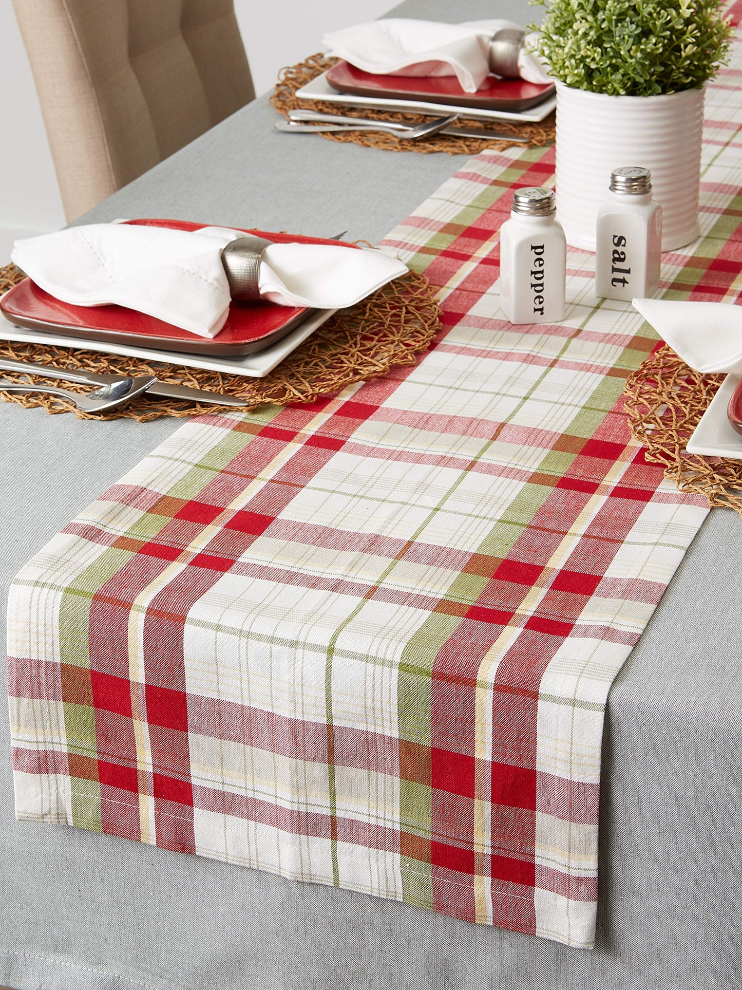 DII Orchard Plaid Collection Linen Tabletop Essentials, Table Runner, 14x72, Taupe/Red