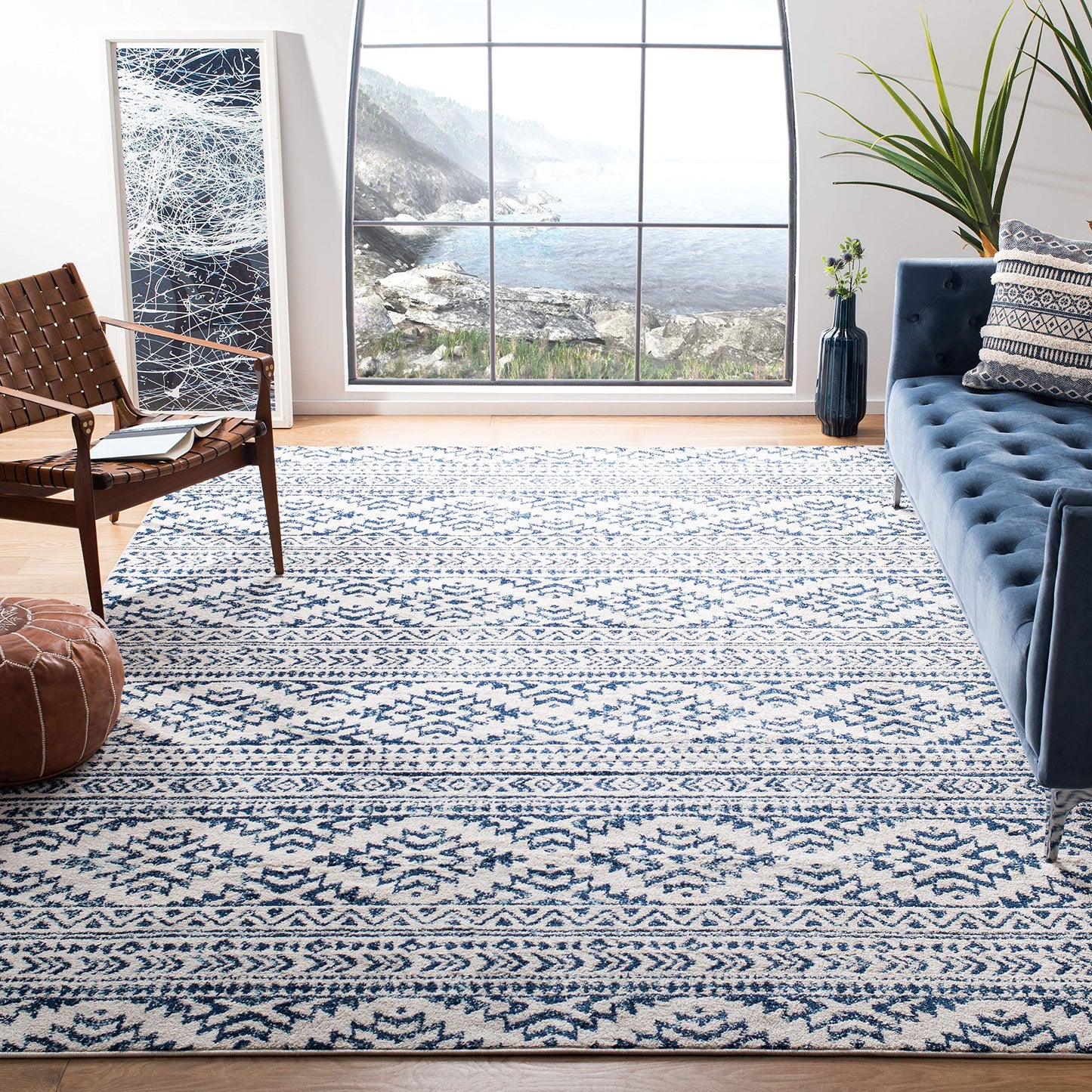 SAFAVIEH Tulum Collection Area Rug - 9' Square, Ivory & Navy, Moroccan Boho Tribal Design, Non-Shedding & Easy to Clean, Ideal for Living Room, Bedroom, Dining Space (TUL272D)