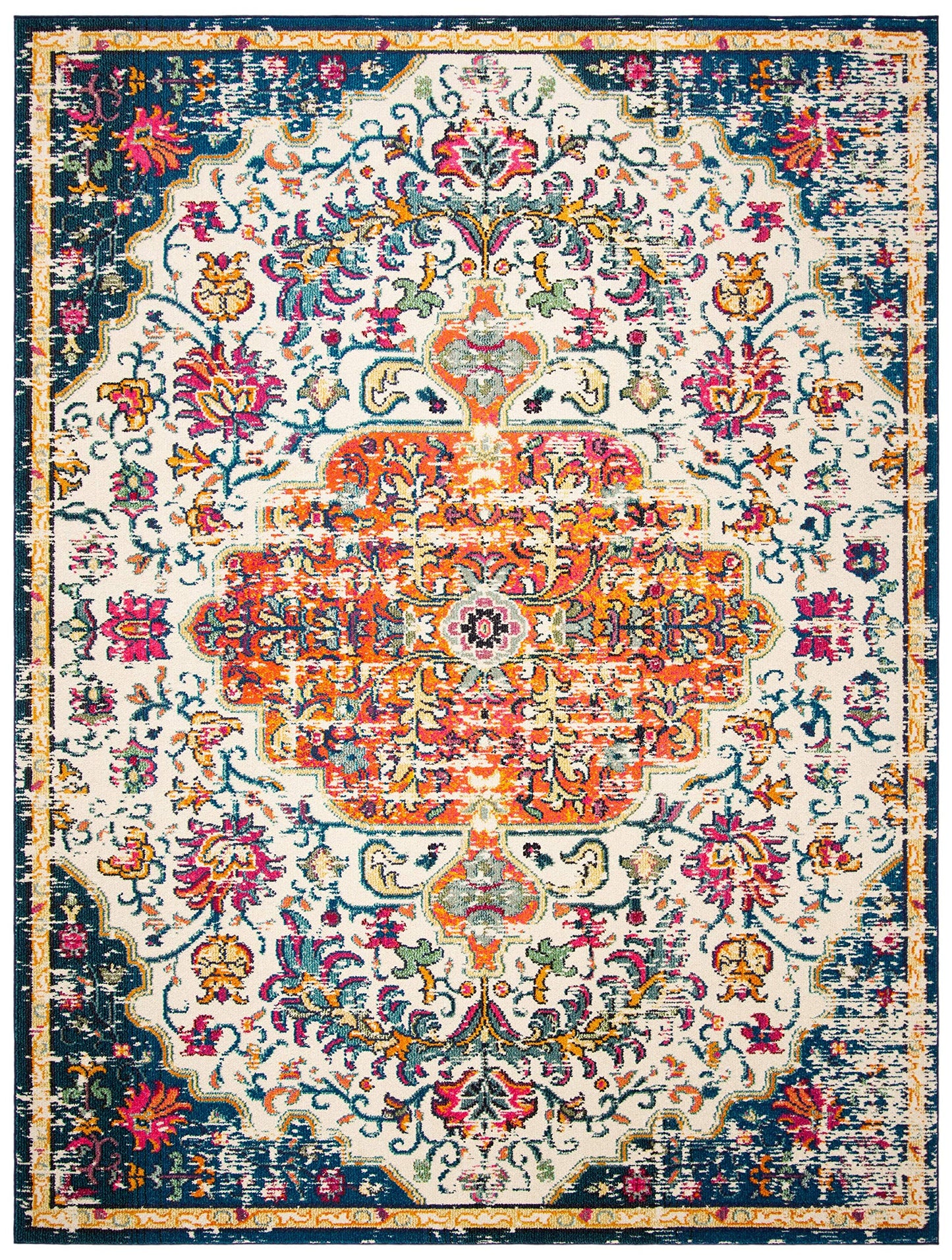 SAFAVIEH Madison Collection Area Rug - 9' x 12', Ivory & Orange, Boho Chic Medallion Distressed Design, Non-Shedding & Easy Care, Ideal for High Traffic Areas in Living Room, Bedroom (MAD447A)